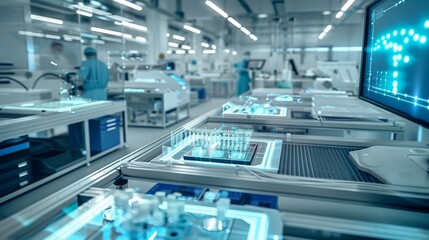 Obraz premium modern manufacturing shopfloor, holographic overlays symbolizing data flows between different manufacturing equipment, AI Generative