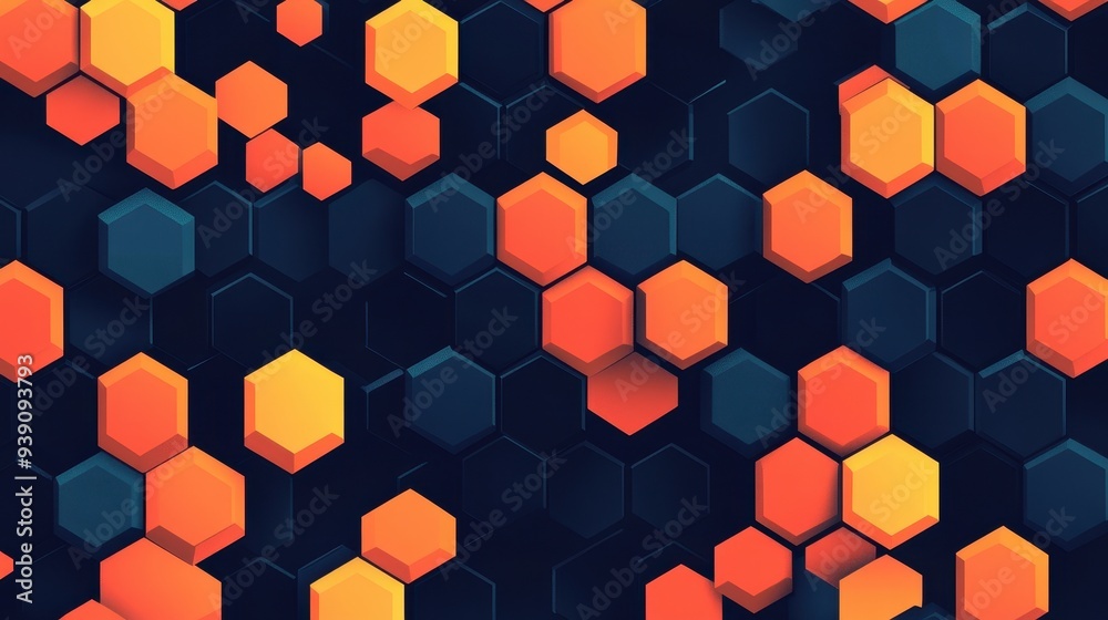 Poster vibrant abstract background with orange and yellow hexagonal shapes on a dark backdrop. ideal for mo