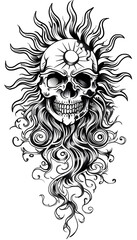 Obraz premium Tribal Skull and Sun Tattoo black and white illustration