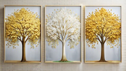 set of three vertical poster, minimalist golden tree in white hues 