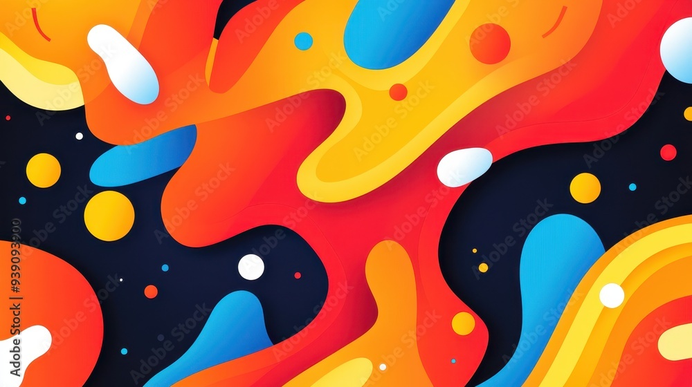 Poster Vibrant abstract background with colorful fluid shapes and dots, conveying modern art and dynamic energy in vivid red, orange, yellow, and blue hues.