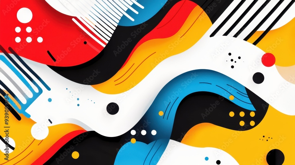 Poster vibrant abstract background featuring dynamic waves and bold colors - red, yellow, blue, and black, 