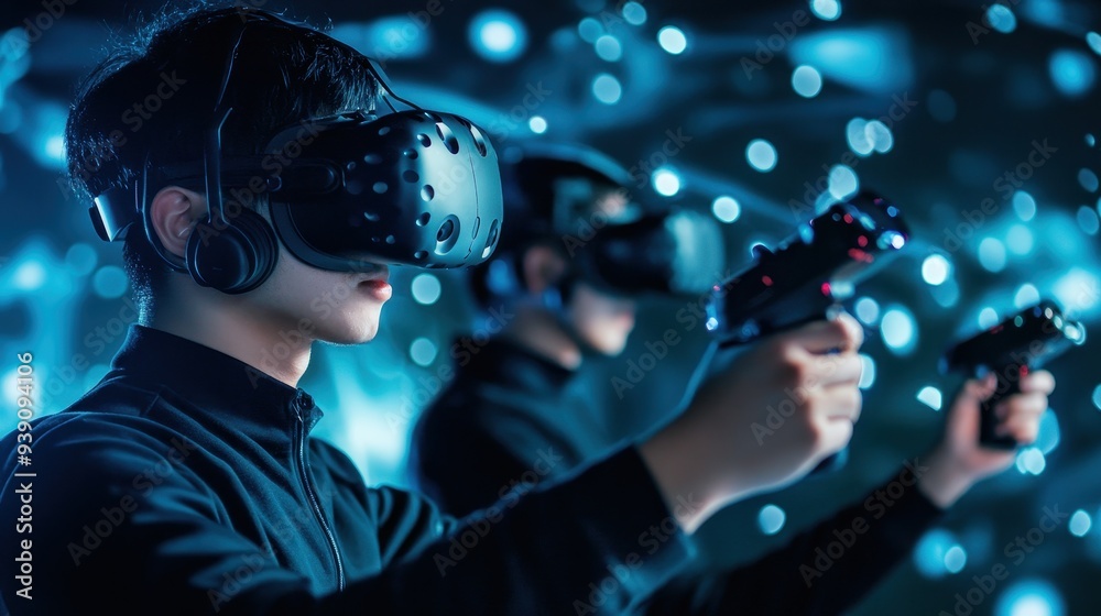 Aufkleber two people using virtual reality headsets and controllers in an immersive futuristic gaming experien