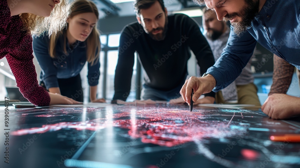 Poster Team analyzing data on an interactive map, collaborating and strategizing in a modern office environment.