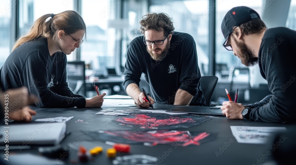 Aufkleber Team collaboration in a modern office, focused on a creative project with brainstorming and designing on a large table.
