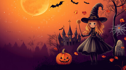 Fototapeta premium Halloween Festival : Cute witch ,witch hat,witch's wand,witch castle, orange moon ,maple leaf ,spider web , grave with copy space on gradient pink and purple background.