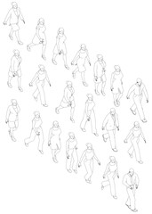 Set with contours of walking people from black lines isolated on white background. Men and women walking. Isometric view. Vector illustration. 3D.