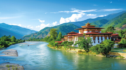 Fototapeta premium Traditional Bhutanese Monastery by a Serene River with Mountainous Backdrop on a Clear Day
