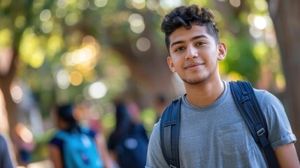 Naklejka premium A Latino college student walking to class on campus