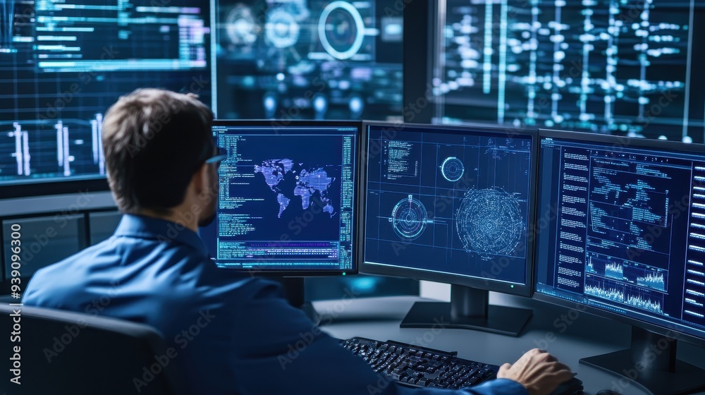 Poster Man working with multiple monitors displaying data in a high-tech cybersecurity operations room.
