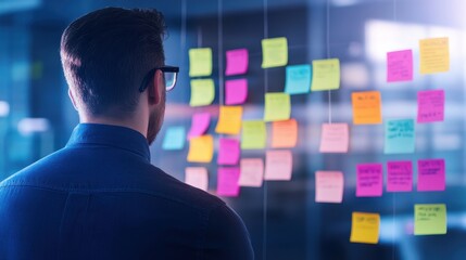 Man in office brainstorming ideas with colorful sticky notes on a glass wall, focusing on project planning strategy.