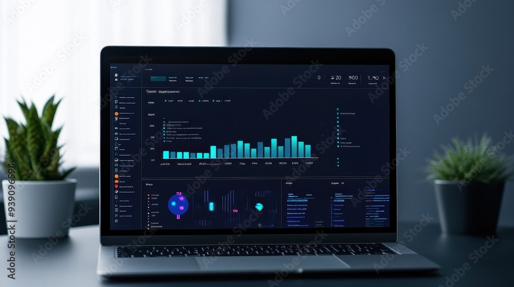 Aufkleber Laptop displaying data analytics and performance statistics on a desk with two potted plants in a modern, minimalistic office setting.