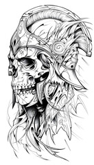 Obraz premium Tribal Skull and War Helmet Tattoo black and white illustration