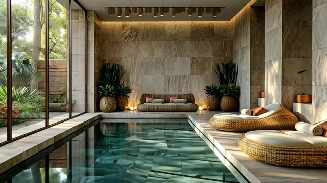 Relaxing spa retreat with tranquil pool and cozy seating in a serene garden setting