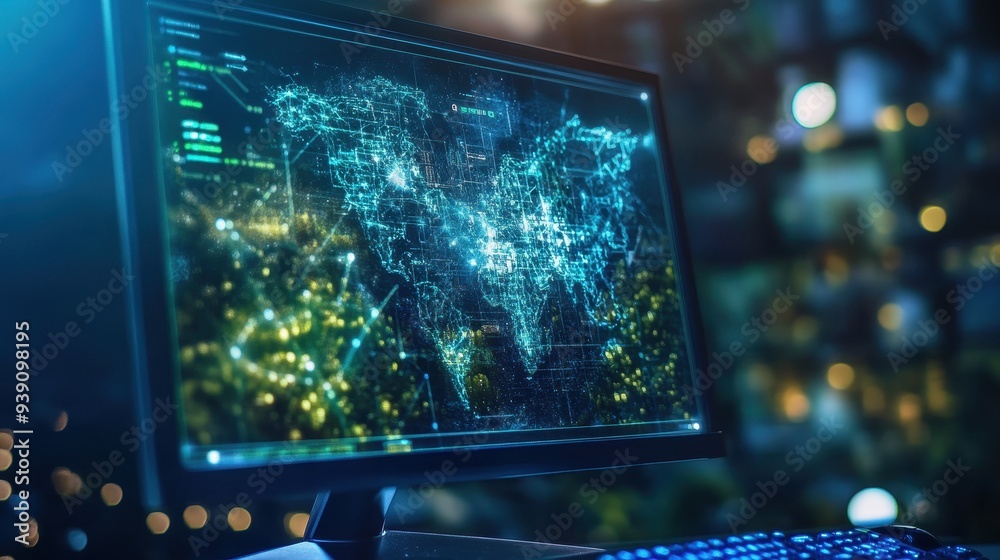 Aufkleber High-tech computer display showing digital map and data visualization in a futuristic control room at night.