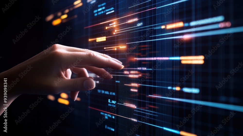 Poster hand interacting with futuristic digital interface in a dark environment, representing technology, d