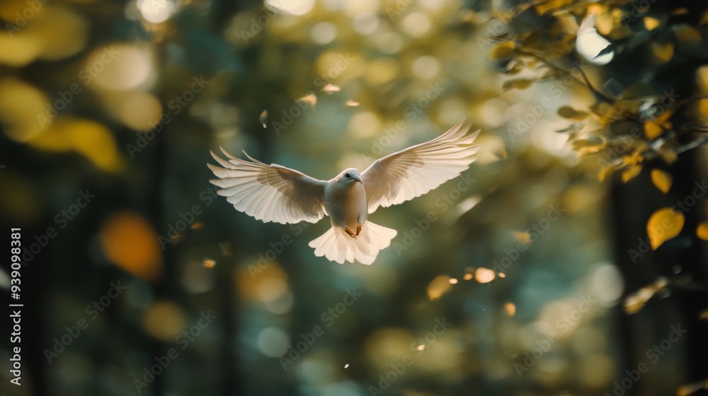 Poster detailed shot of a bird flying through a forest, with trees and leaves creating a natural backdrop