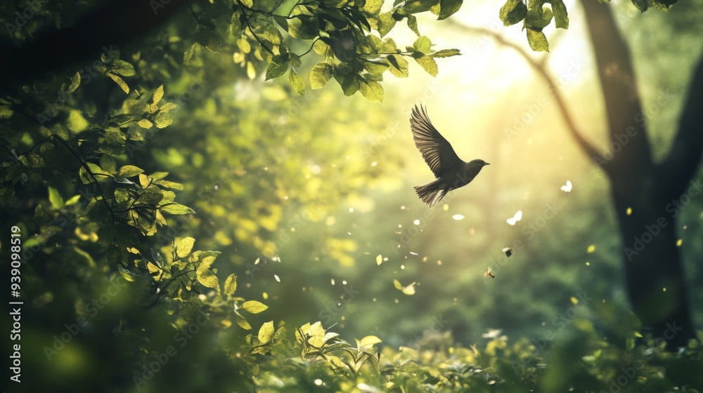 Poster detailed shot of a bird flying through a forest, with trees and leaves creating a natural backdrop