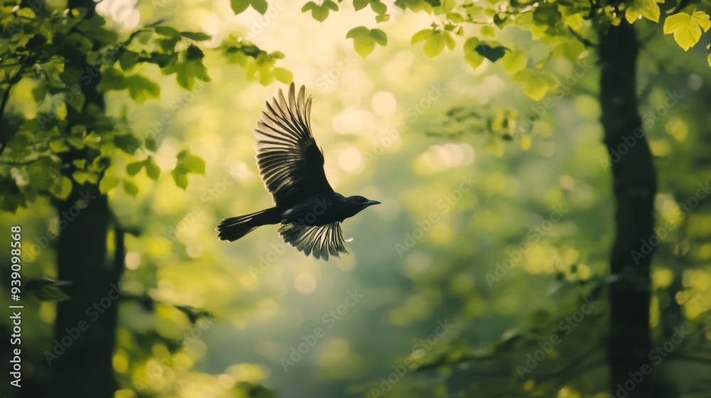 Poster detailed shot of a bird flying through a forest, with trees and leaves creating a natural backdrop