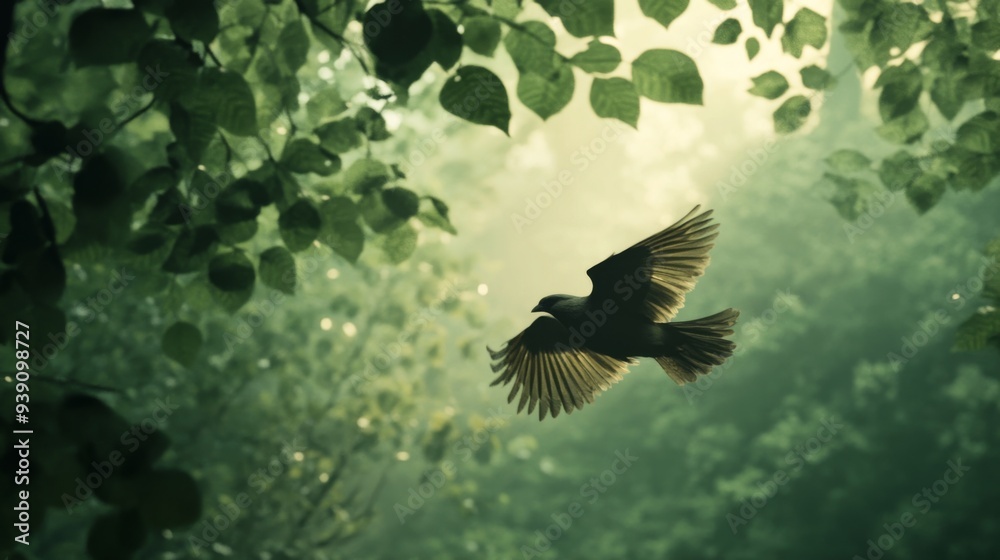 Poster detailed shot of a bird flying through a forest, with trees and leaves creating a natural backdrop