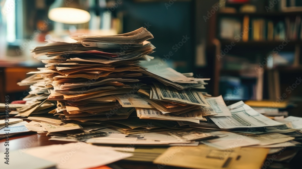 Wall mural pile of unpaid bills on a desk, representing financial trouble. -