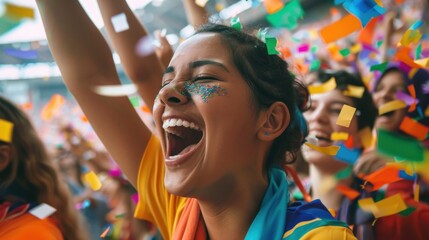 Fototapeta premium Close-up of young football fans in the stands, excitedly cheering and surrounded by falling confetti at a local soccer match