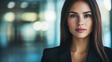 Fototapeta premium Detailed shot of a businesswoman in a sleek office setting, with a focus on her face and professional attire