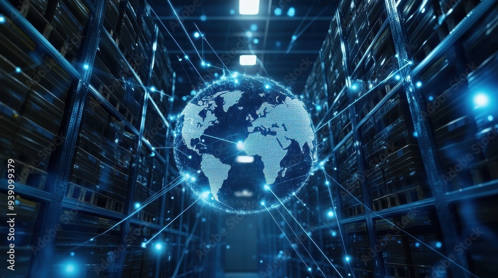 Fototapete global network connections in a server room visualized as a glowing holographic globe surrounded by 