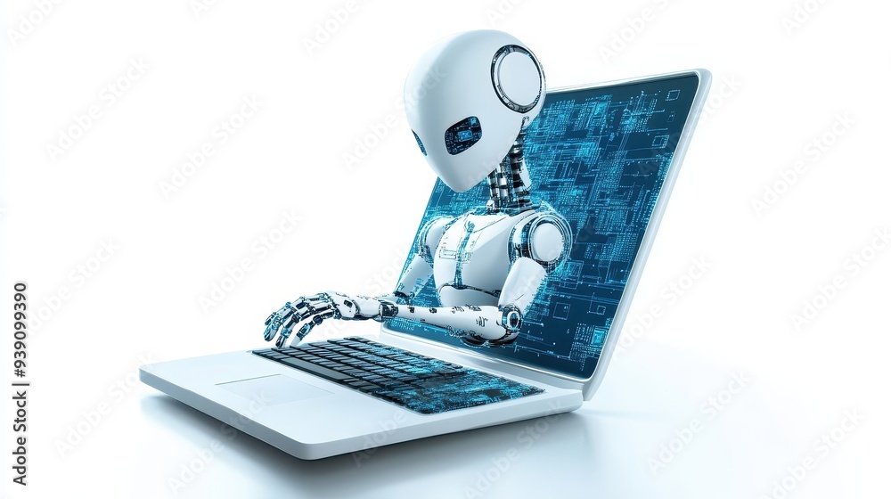 Leinwandbilder Futuristic robot using laptop, symbolizing AI and technology integration in modern digital tasks and processes.