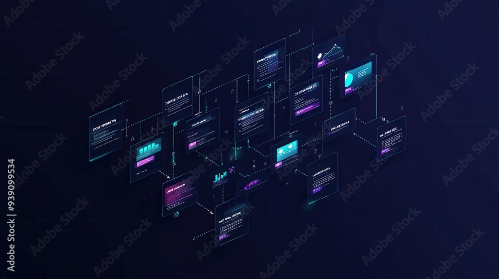 Aufkleber Futuristic data visualization with interconnected graphs and diagrams on dark background representing technology and digital networks.