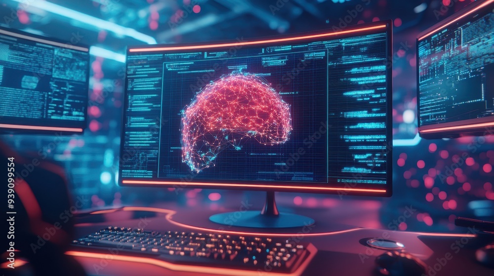 Fototapete Futuristic computer setup with a digital brain interface displayed on a curved screen, symbolizing AI technology and neurological advancement.