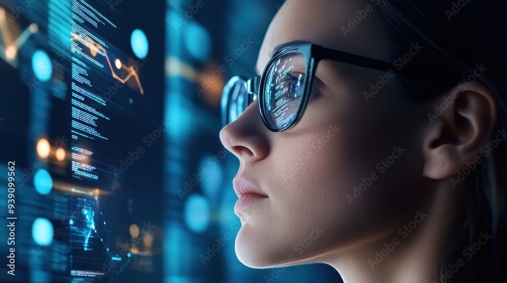 Poster focused woman with glasses analyzing data on a futuristic digital screen in a high-tech environment.
