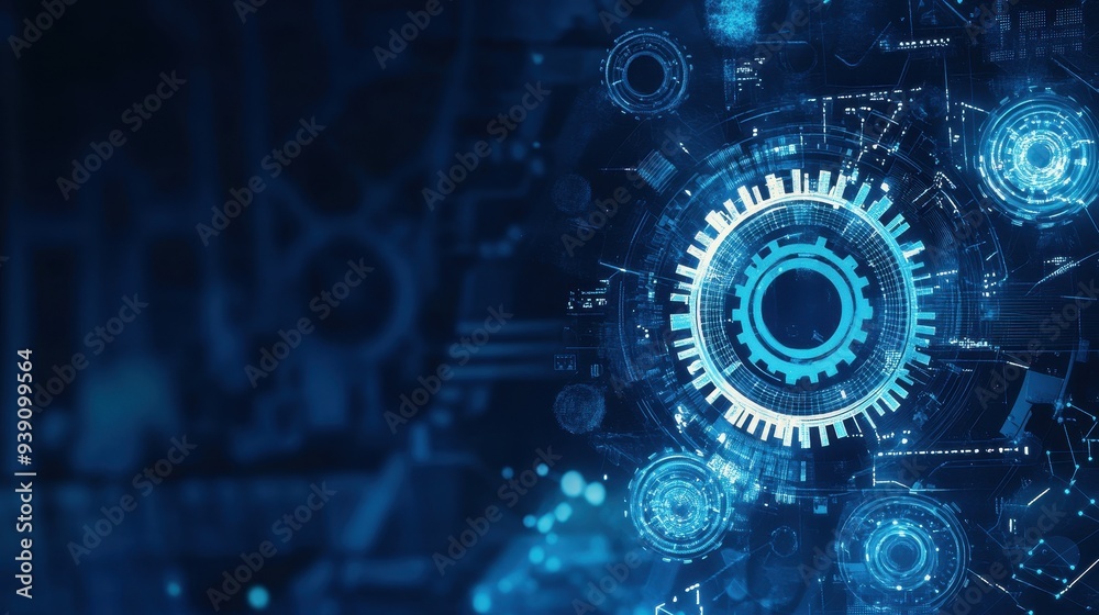 Leinwandbilder futuristic blue digital interface with gears and technology elements, representing innovation and ad