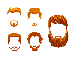 Set of ginger and red hair and beards for cartoon character customization featuring different trendy haircuts