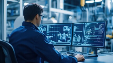 Engineer working at multiple monitors displaying technical data and schematics in a modern industrial control room.