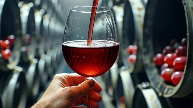 Enjoying a rich red wine being poured into a glass at a vineyard during a sunny afternoon in fall