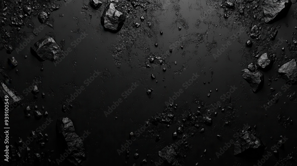 Poster dark textured background with scattered black stones and rocks, creating a strong and dramatic visua