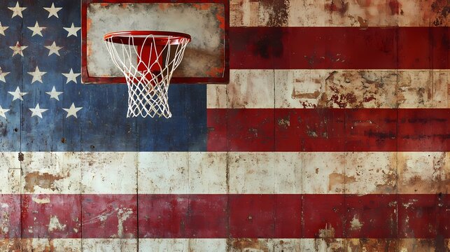 A basketball hoop with an American flag in the background, symbolizing sports and patriotism