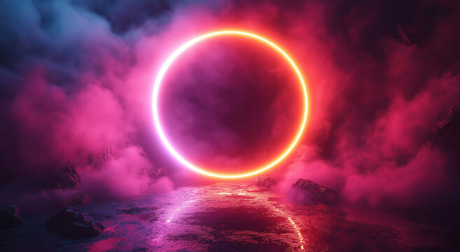 A circular neon light on a dark background with smoke