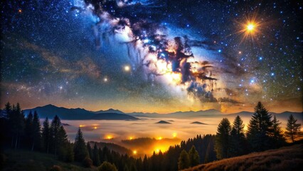 Obraz premium Darkness falls as the velvety black night sky is illuminated by a million twinkling stars, casting a magical glow over the mystical atmosphere.