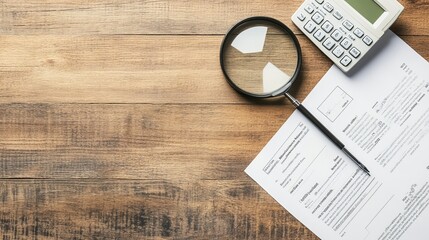 Accounting documents magnifying glass calculator and pen on a wooden table viewed from above Space...