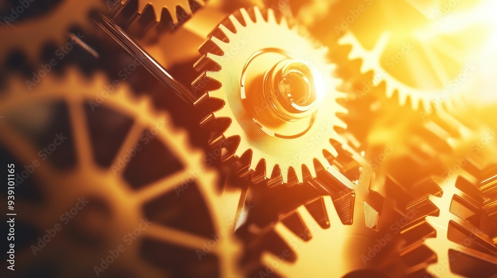 Poster close-up view of interlocking gears in warm lighting, symbolizing teamwork, technology, and engineer