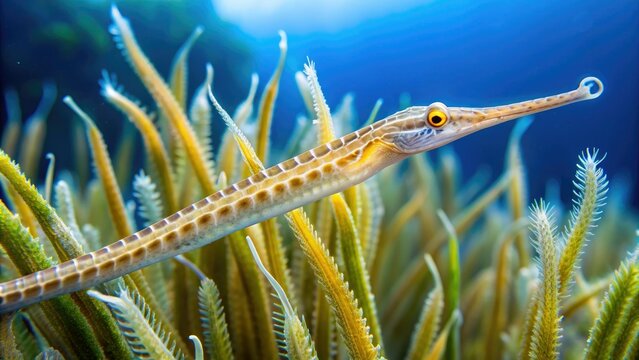 Delicate, cream-colored pipefish with iridescent scales swim amidst a subtle, repeating pattern of soft blue waves and gentle seaweed tendrils on a white background.