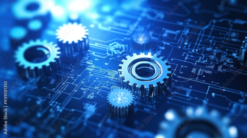 Leinwandbilder close-up of blue mechanical gears on a circuit board, symbolizing the integration of technology and 
