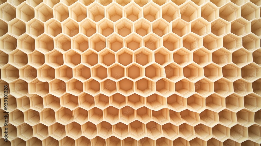Poster Close-up of an empty honeycomb structure showcasing perfect hexagonal patterns and intricate natural design in beige tones.
