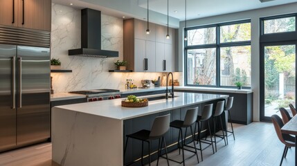 Fototapeta premium Modern Kitchen Island with Black Bar Stools and Stainless Steel Appliances