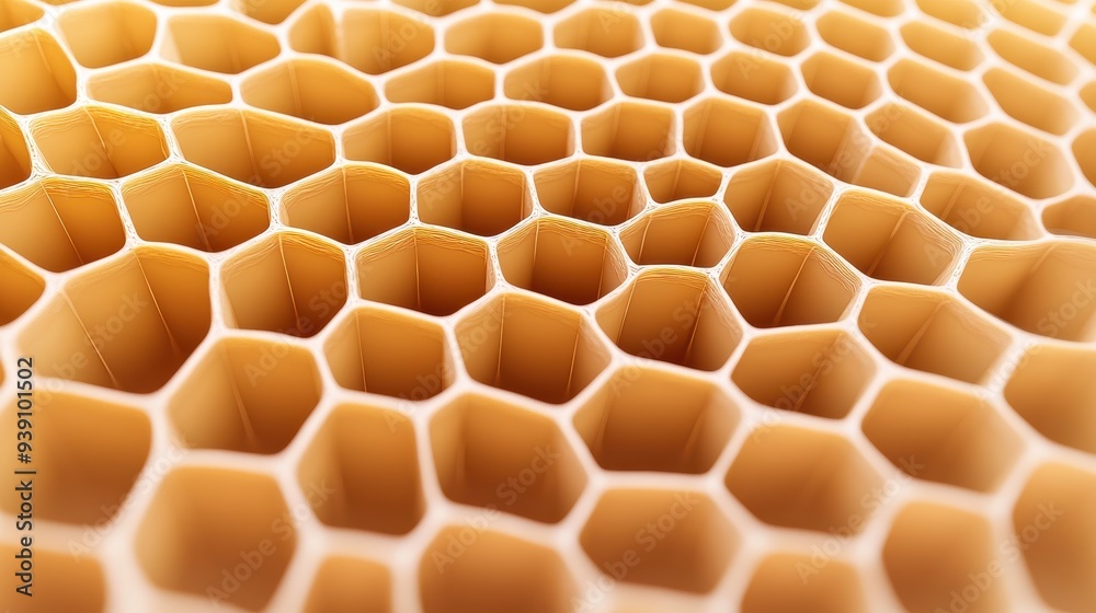 Poster Close-up of a honeycomb showing the intricate hexagonal pattern created by bees, showcasing nature's perfect geometric design.