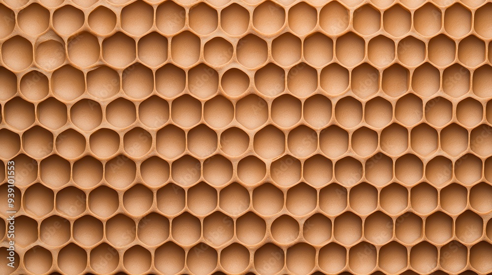 Aufkleber Close-up of a honeycomb pattern background in a warm beige color. Symmetrical hexagonal cells showcase natural geometric precision and texture.