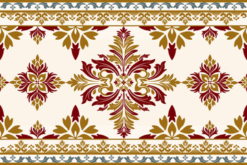 Classic Damask gold navy blue and red color Seamless Pattern on a pearl color background.
