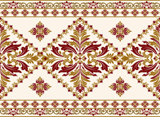 Classic Damask gold and red color Seamless Pattern on a pearl color background.